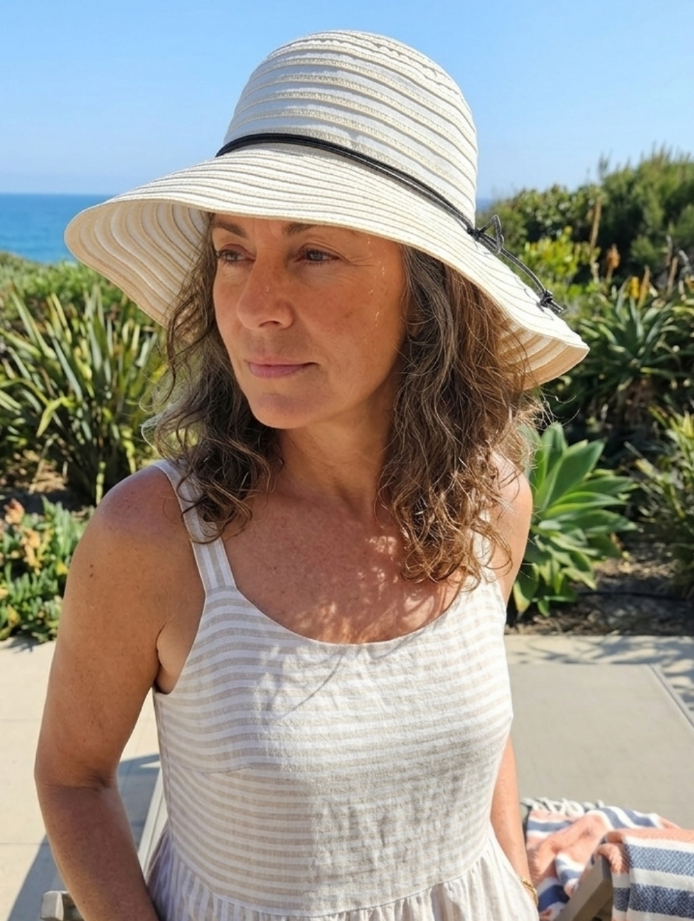 Wide-Brim Straw Sun Hat with Black Trim